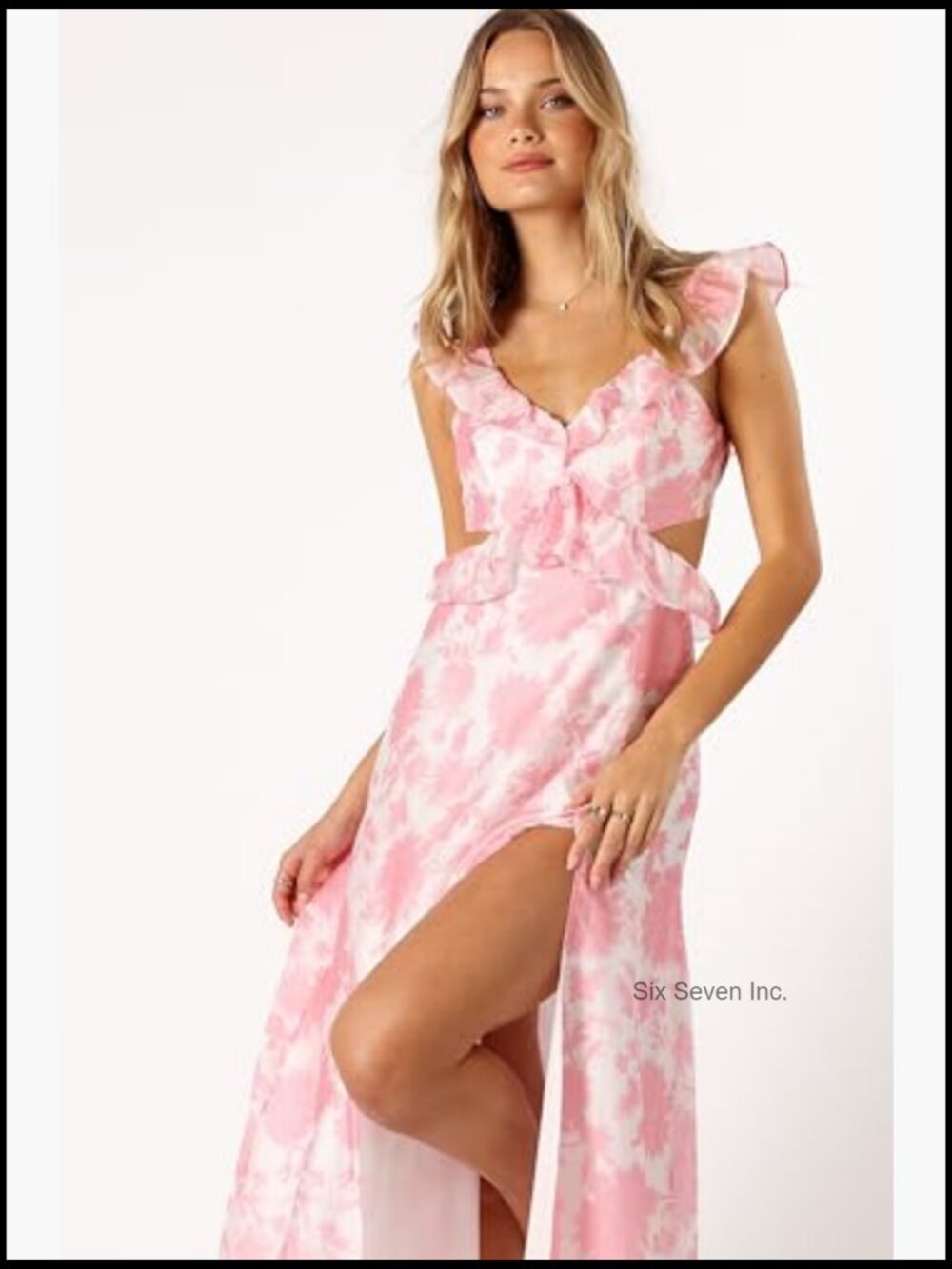 Polyester Maxi Dress with V-Neck Ruffle and Open Back Tie - Picture 2 of 7
